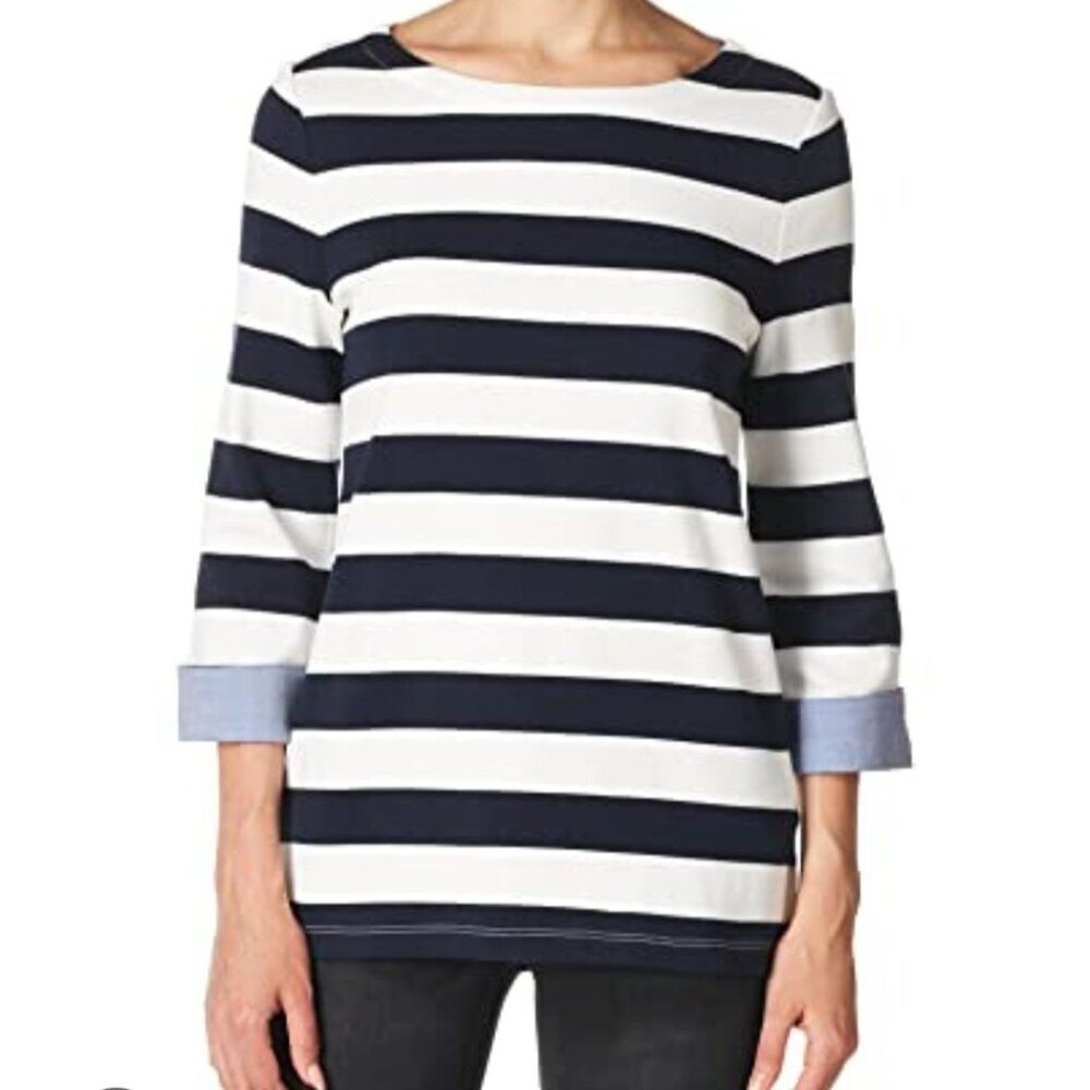 Nautica blue white striped boatneck top 3/4 Sleeve Women's Size XLarge